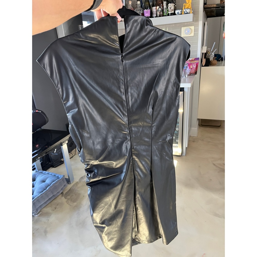 VICI Black Faux Leather Ruched Mini Dress High Neck Sleeveless Edgy Chic M - Picture 7 of 7